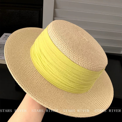 Breathable French Style Women's Straw Hat In Green, Made Of Polyester With Sewing Craftsmanship