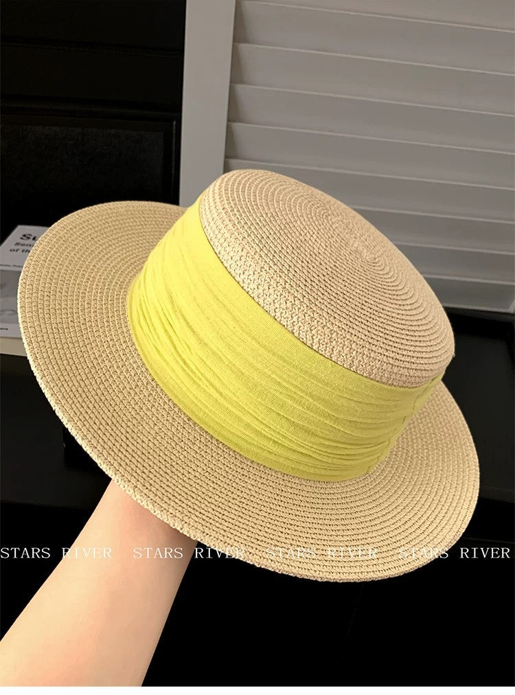 Breathable French Style Women's Straw Hat In Green, Made Of Polyester With Sewing Craftsmanship