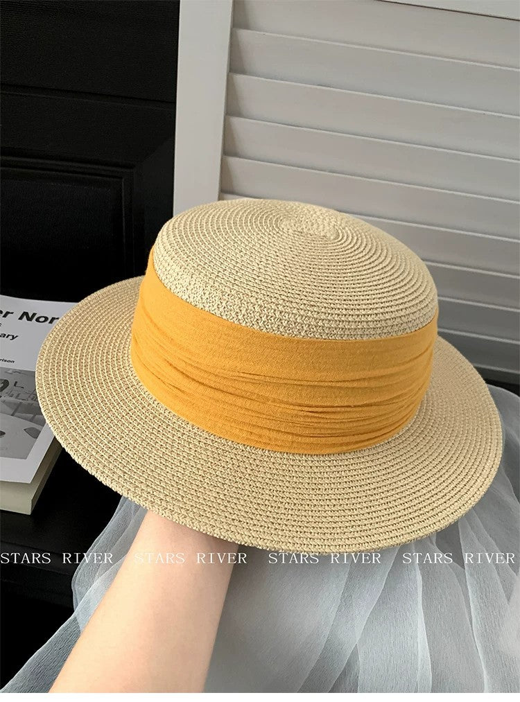 Breathable French Style Women's Straw Hat In Green, Made Of Polyester With Sewing Craftsmanship