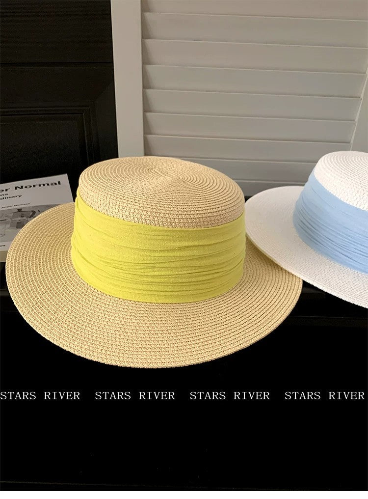 Breathable French Style Women's Straw Hat In Green, Made Of Polyester With Sewing Craftsmanship