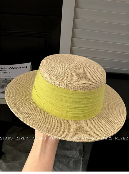Breathable French Style Women's Straw Hat In Green, Made Of Polyester With Sewing Craftsmanship