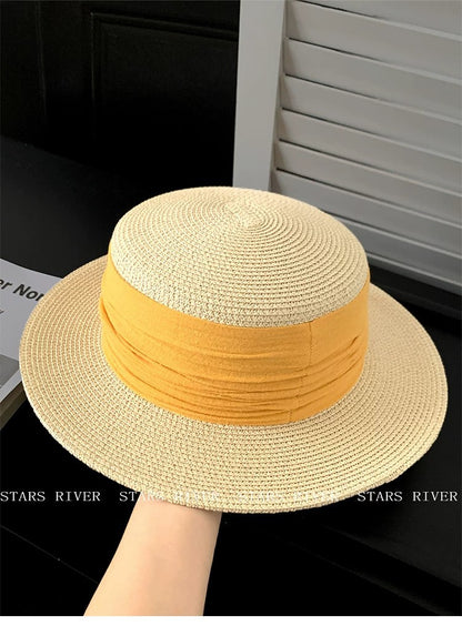 Breathable French Style Women's Straw Hat In Green, Made Of Polyester With Sewing Craftsmanship