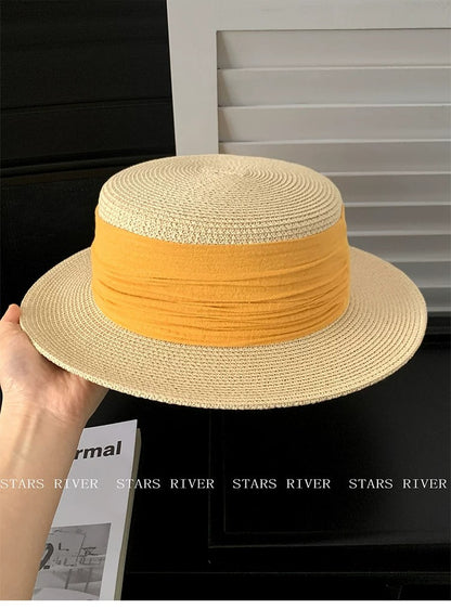 Breathable French Style Women's Straw Hat In Green, Made Of Polyester With Sewing Craftsmanship