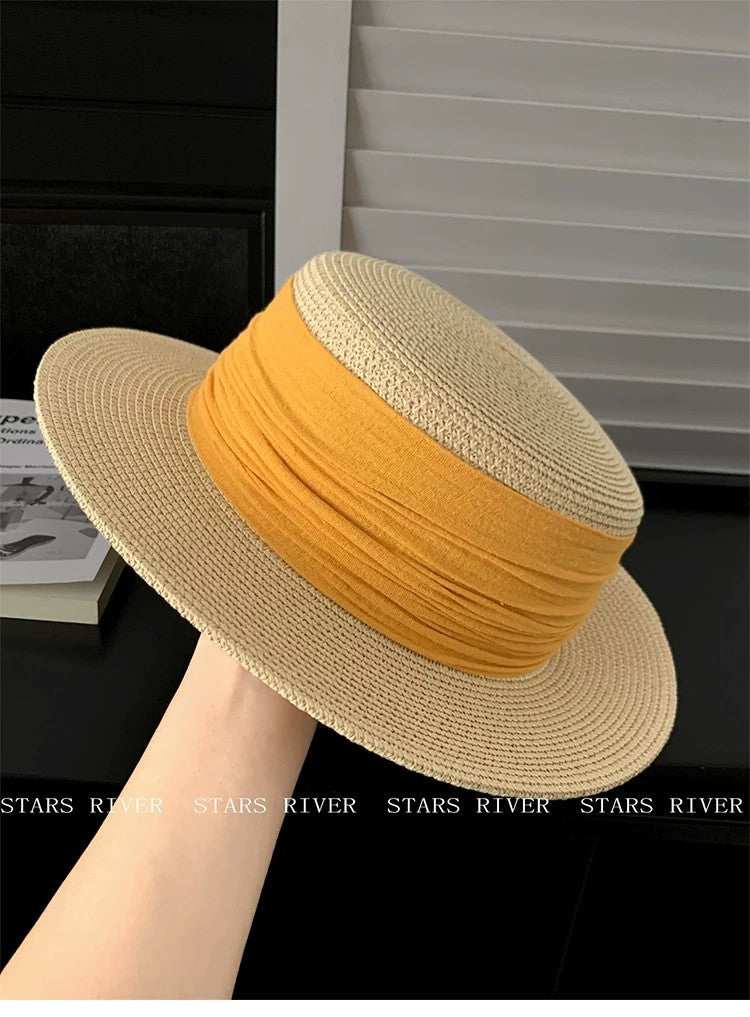 Breathable French Style Women's Straw Hat In Green, Made Of Polyester With Sewing Craftsmanship