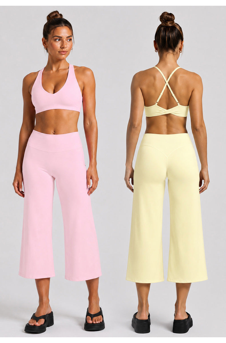 Sporty Calf-Length Yoga Jumpsuit For Women In High Elasticity Nylon Fabric Featuring Criss Cross Design And Sleeveless Style