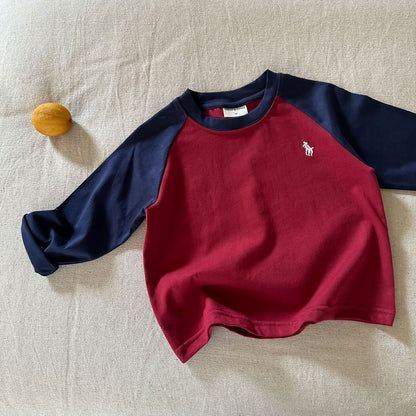 Cute Color Block Children's Bottoming Shirt In Grey With Warm Cotton Fabric And Raglan Sleeve, Featuring A Round Neck