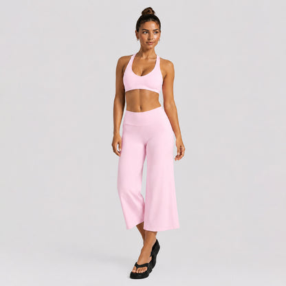 Yoga Fitness Wide Leg Pants For Women In Nylon Fabric With High Elasticity, Calf-Length Design Perfect For Yoga