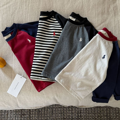 Cute Color Block Children's Bottoming Shirt In Grey With Warm Cotton Fabric And Raglan Sleeve, Featuring A Round Neck