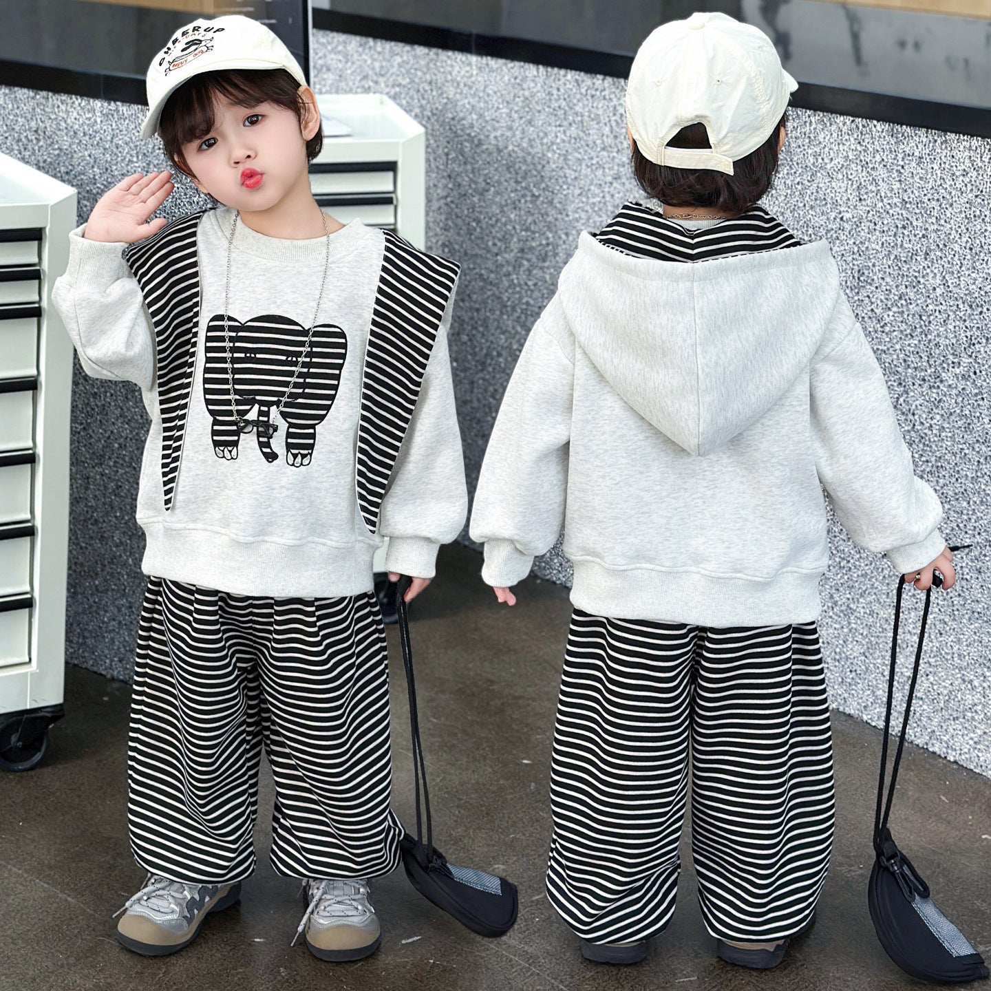Stripe Cotton Sweatshirt & Hoodie Co-ord Set For Boys, 3 Pieces Set Featuring Hooded Design