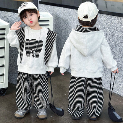 Stripe Cotton Sweatshirt & Hoodie Co-ord Set For Boys, 3 Pieces Set Featuring Hooded Design