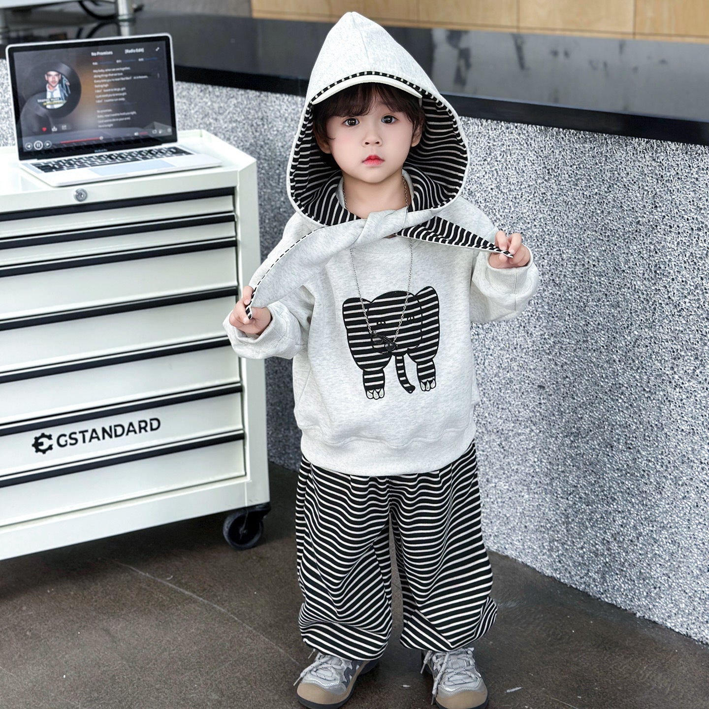 Stripe Cotton Sweatshirt & Hoodie Co-ord Set For Boys, 3 Pieces Set Featuring Hooded Design