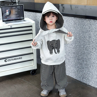 Stripe Cotton Sweatshirt & Hoodie Co-ord Set For Boys, 3 Pieces Set Featuring Hooded Design