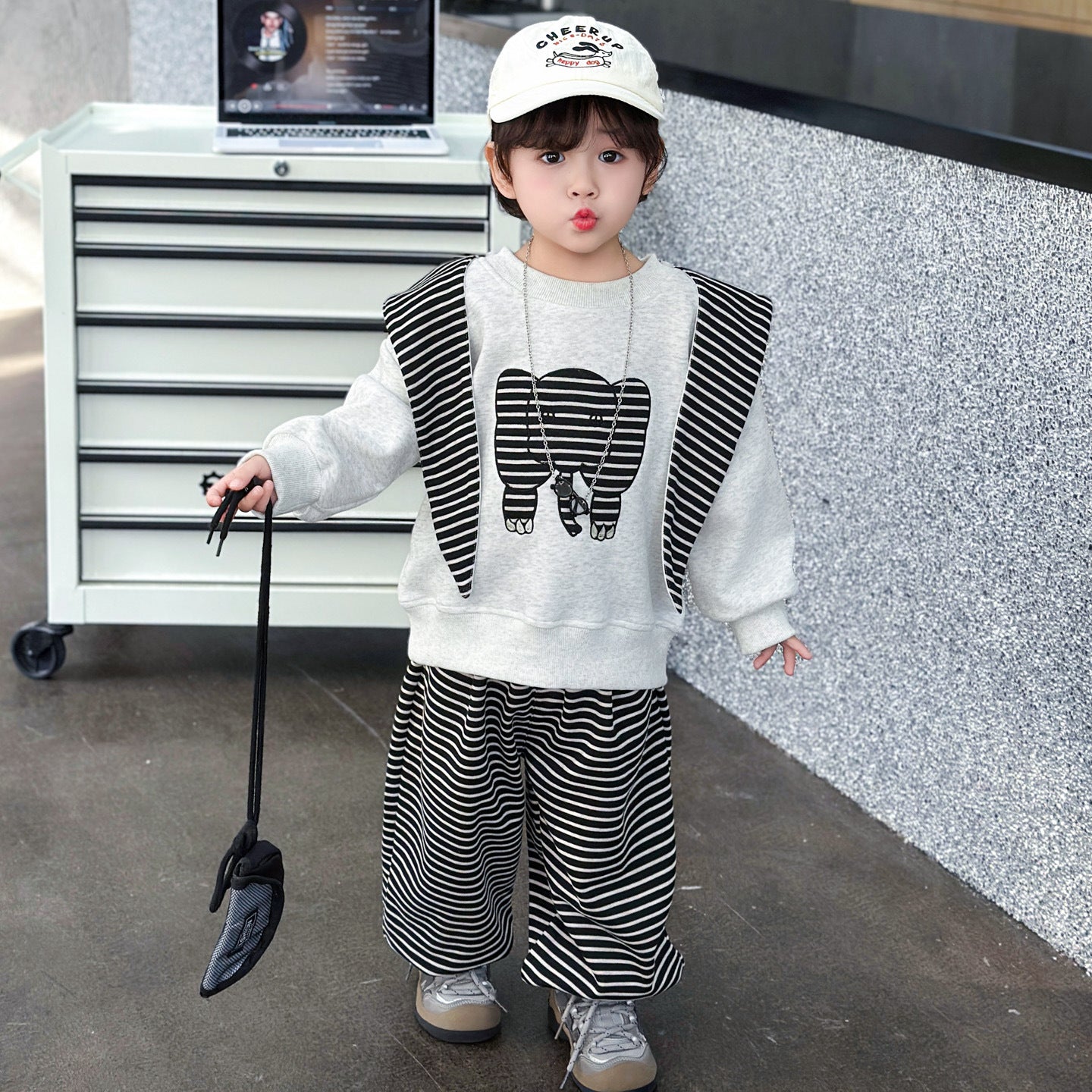 Stripe Cotton Sweatshirt & Hoodie Co-ord Set For Boys, 3 Pieces Set Featuring Hooded Design