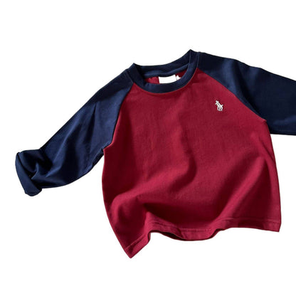 Cute Color Block Children's Bottoming Shirt In Grey With Warm Cotton Fabric And Raglan Sleeve, Featuring A Round Neck