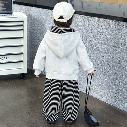 Stripe Cotton Sweatshirt & Hoodie Co-ord Set For Boys, 3 Pieces Set Featuring Hooded Design