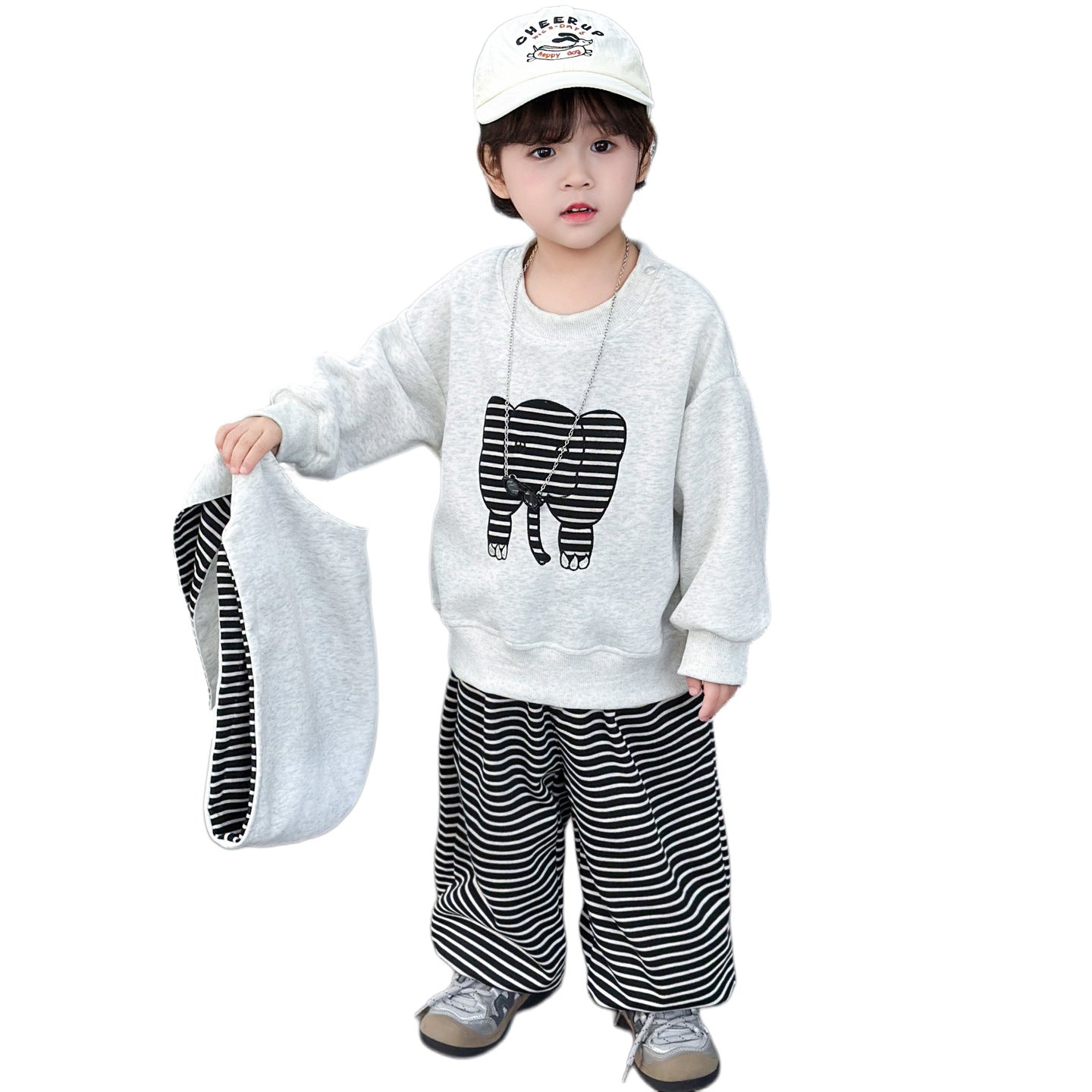 Stripe Cotton Sweatshirt & Hoodie Co-ord Set For Boys, 3 Pieces Set Featuring Hooded Design