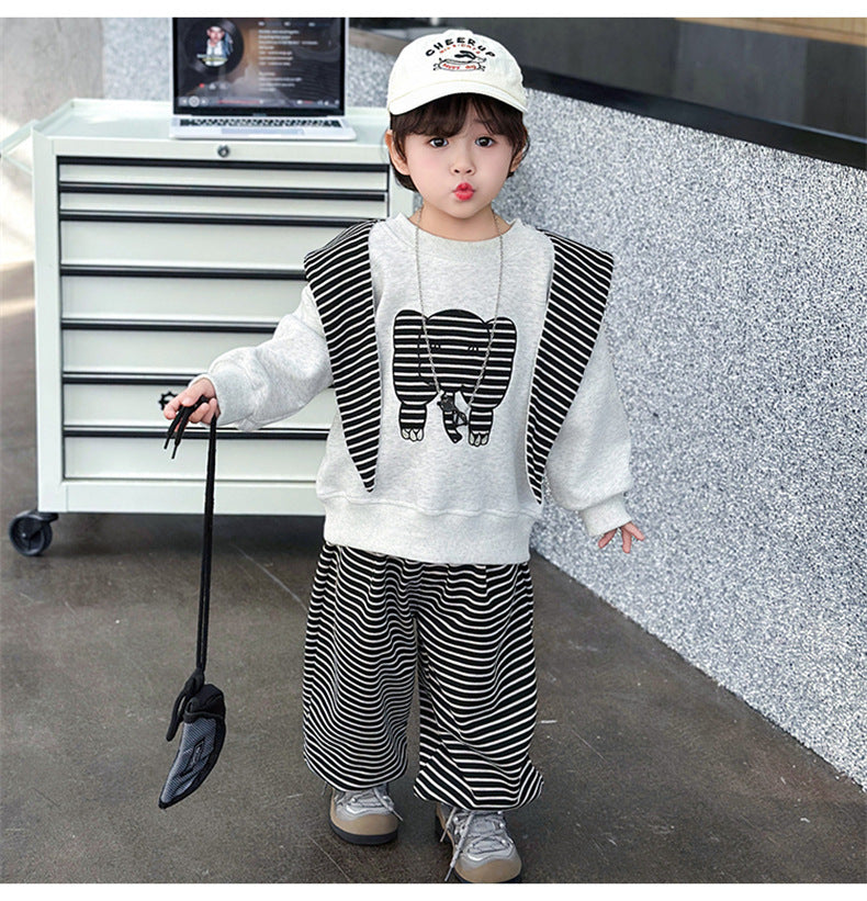 Stripe Cotton Sweatshirt & Hoodie Co-ord Set For Boys, 3 Pieces Set Featuring Hooded Design