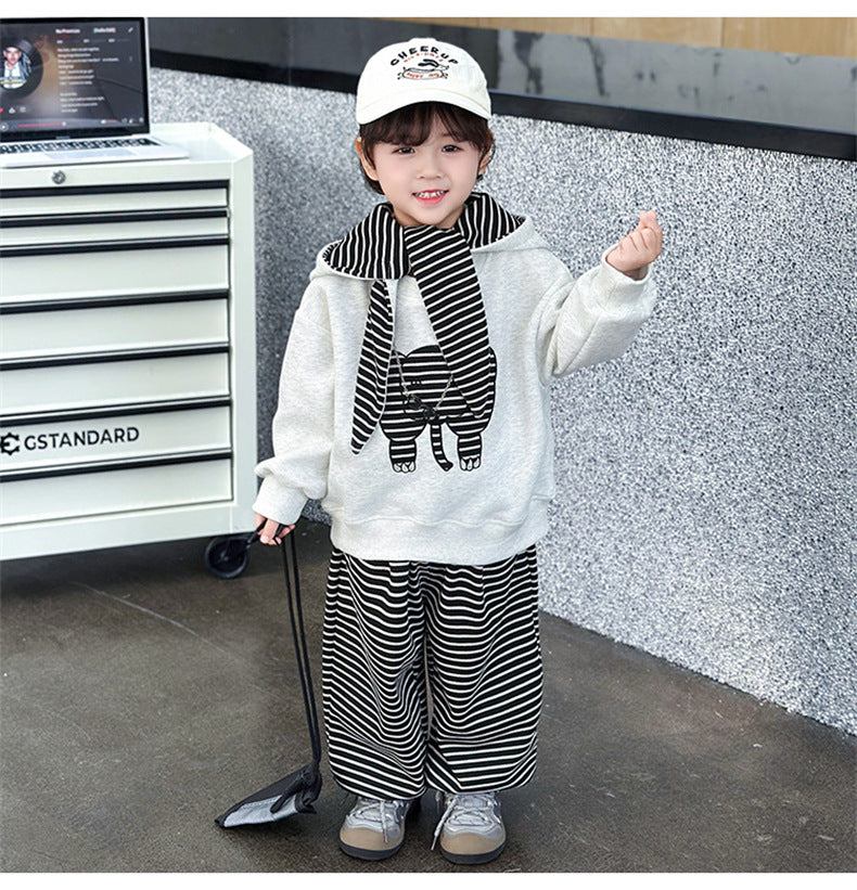 Stripe Cotton Sweatshirt & Hoodie Co-ord Set For Boys, 3 Pieces Set Featuring Hooded Design