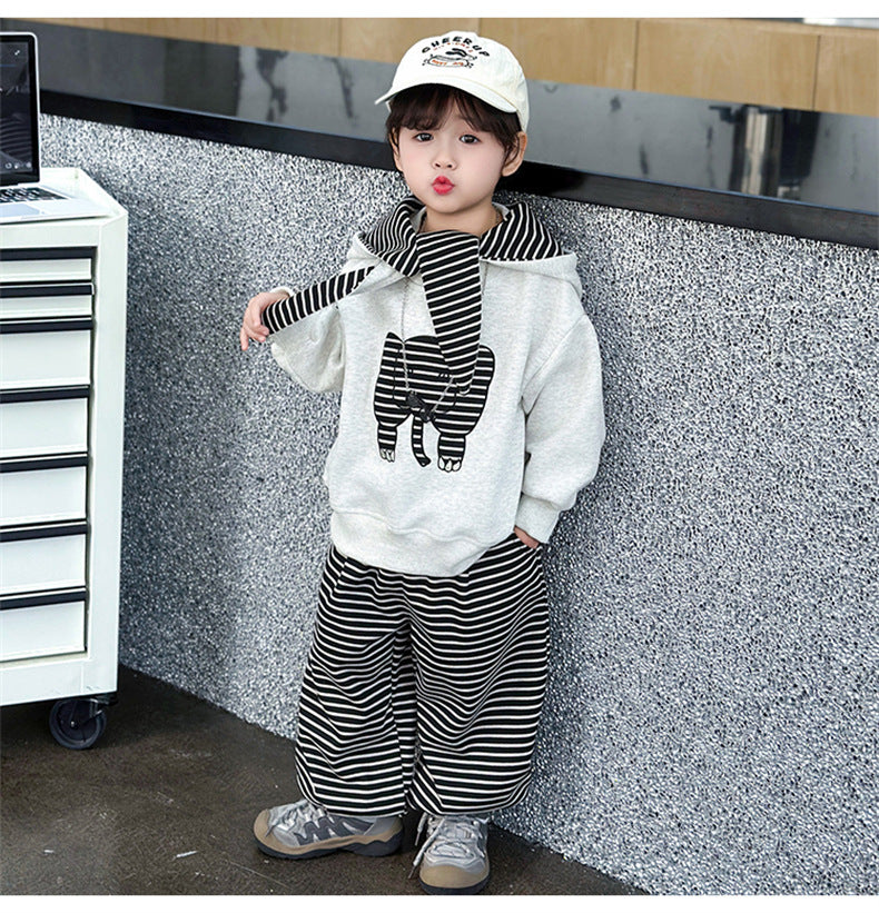 Stripe Cotton Sweatshirt & Hoodie Co-ord Set For Boys, 3 Pieces Set Featuring Hooded Design