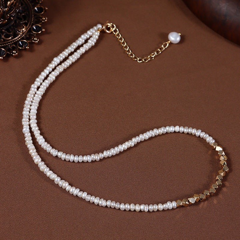 Original Design Geometric Freshwater Pearl Necklace With Natural White 3-4mm Baroque Pearls In Copper