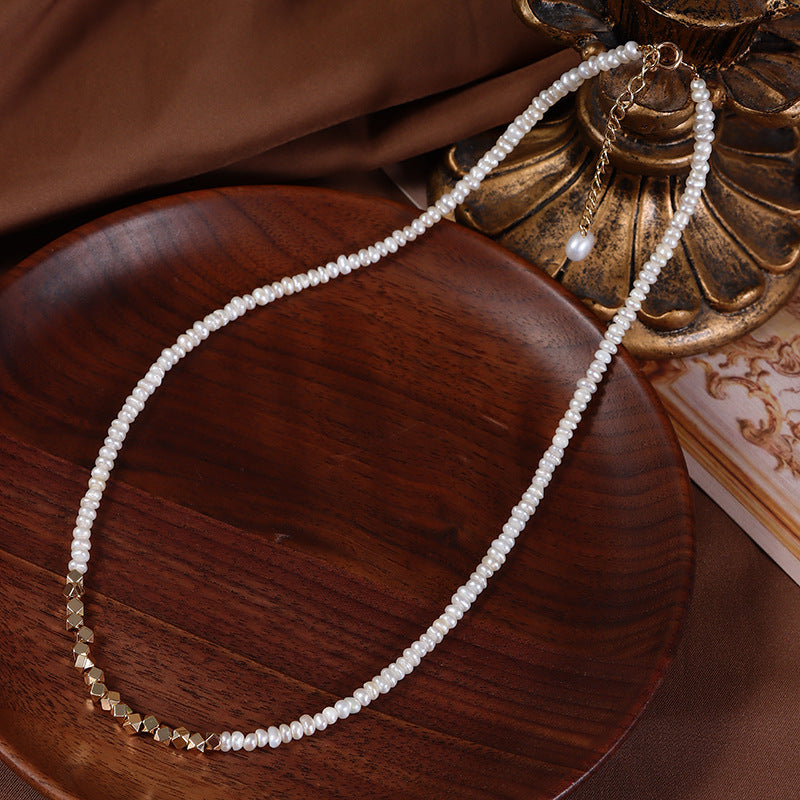 Original Design Geometric Freshwater Pearl Necklace With Natural White 3-4mm Baroque Pearls In Copper