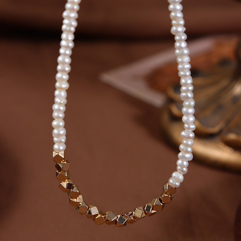 Original Design Geometric Freshwater Pearl Necklace With Natural White 3-4mm Baroque Pearls In Copper