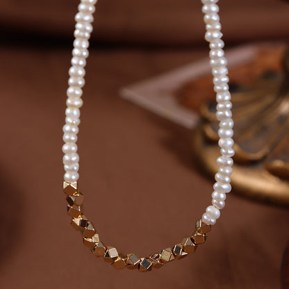 Original Design Geometric Freshwater Pearl Necklace With Natural White 3-4mm Baroque Pearls In Copper