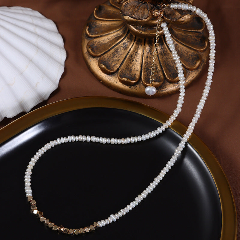 Original Design Geometric Freshwater Pearl Necklace With Natural White 3-4mm Baroque Pearls In Copper