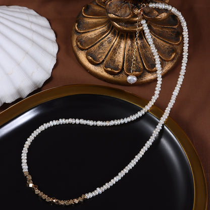 Original Design Geometric Freshwater Pearl Necklace With Natural White 3-4mm Baroque Pearls In Copper