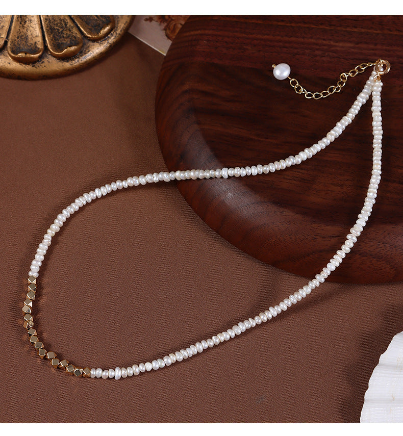 Original Design Geometric Freshwater Pearl Necklace With Natural White 3-4mm Baroque Pearls In Copper