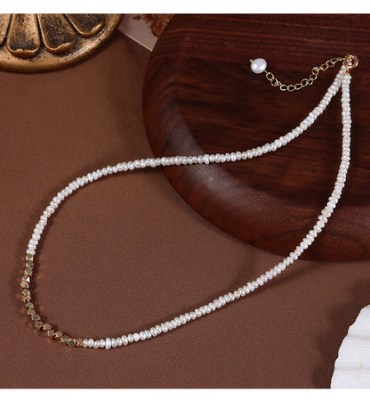 Original Design Geometric Freshwater Pearl Necklace With Natural White 3-4mm Baroque Pearls In Copper