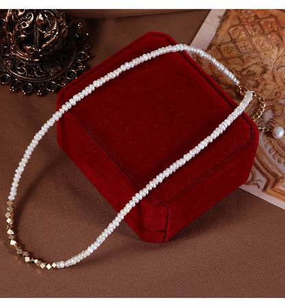 Original Design Geometric Freshwater Pearl Necklace With Natural White 3-4mm Baroque Pearls In Copper