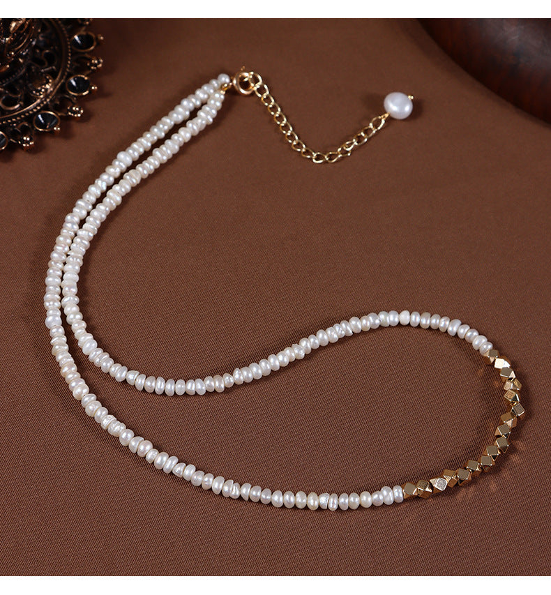 Original Design Geometric Freshwater Pearl Necklace With Natural White 3-4mm Baroque Pearls In Copper