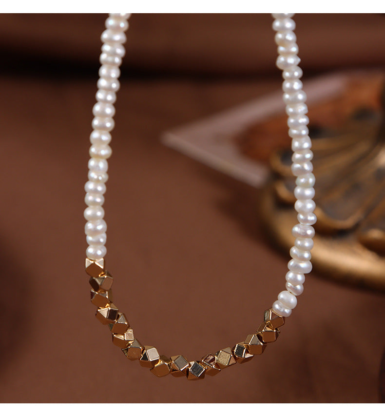 Original Design Geometric Freshwater Pearl Necklace With Natural White 3-4mm Baroque Pearls In Copper