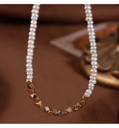 Original Design Geometric Freshwater Pearl Necklace With Natural White 3-4mm Baroque Pearls In Copper