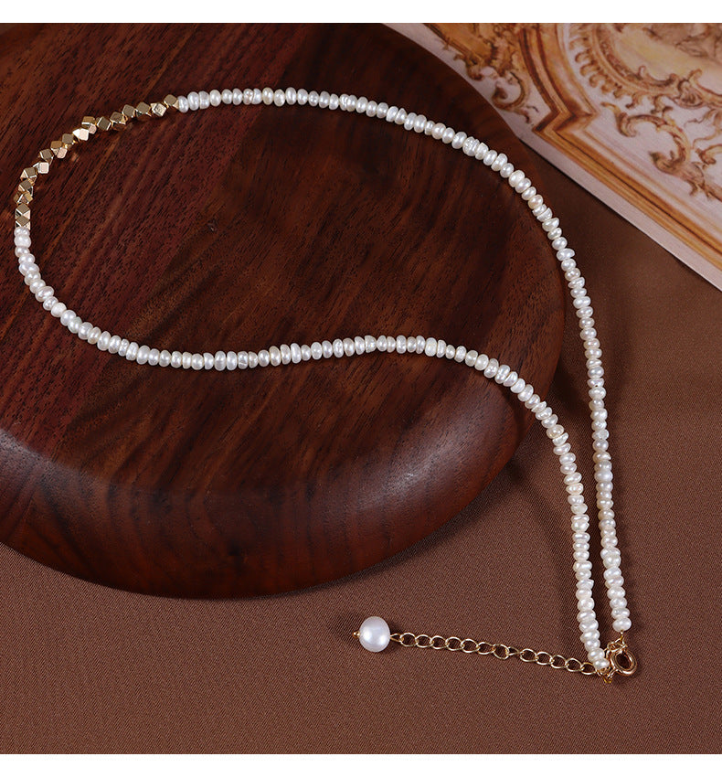 Original Design Geometric Freshwater Pearl Necklace With Natural White 3-4mm Baroque Pearls In Copper