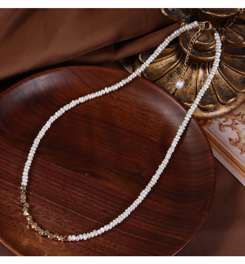 Original Design Geometric Freshwater Pearl Necklace With Natural White 3-4mm Baroque Pearls In Copper