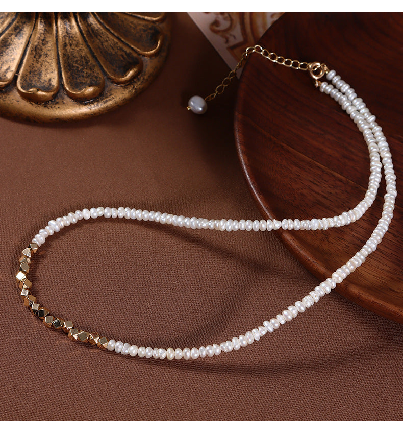 Original Design Geometric Freshwater Pearl Necklace With Natural White 3-4mm Baroque Pearls In Copper