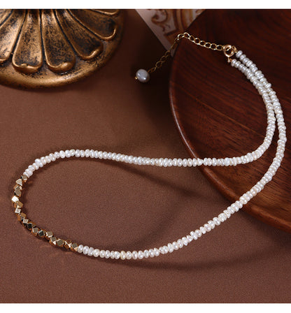 Original Design Geometric Freshwater Pearl Necklace With Natural White 3-4mm Baroque Pearls In Copper