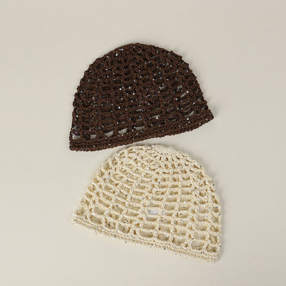 Solid Color Breathable Wool Cap For Women In Simple Style, Brimless Design With Hollow Out Craft, Made Of Polyester