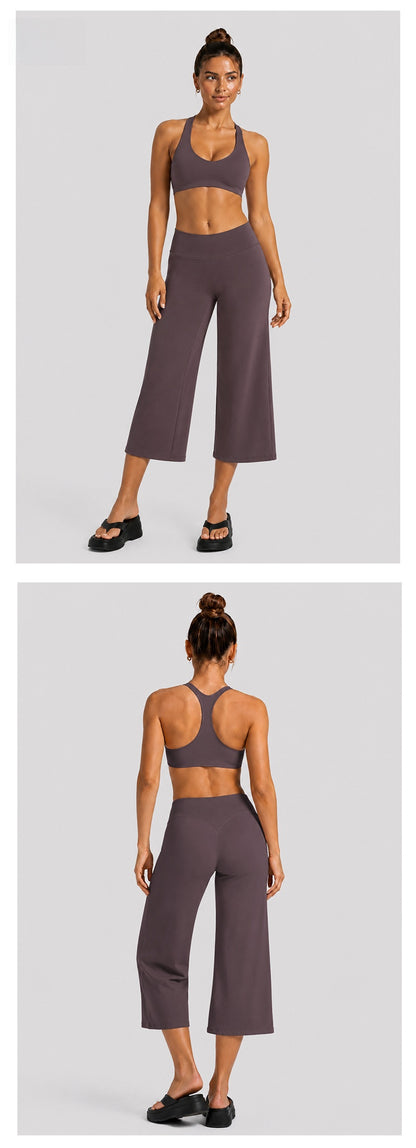 Yoga Fitness Wide Leg Pants For Women In Nylon Fabric With High Elasticity, Calf-Length Design Perfect For Yoga