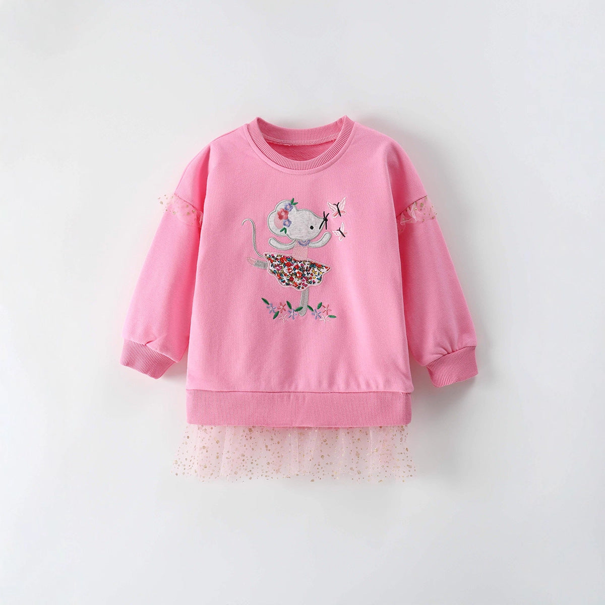 Cute Girls' Cotton Pullover Sweatshirt Featuring Embroidery In Natural Pink