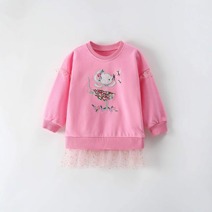 Cute Girls' Cotton Pullover Sweatshirt Featuring Embroidery In Natural Pink