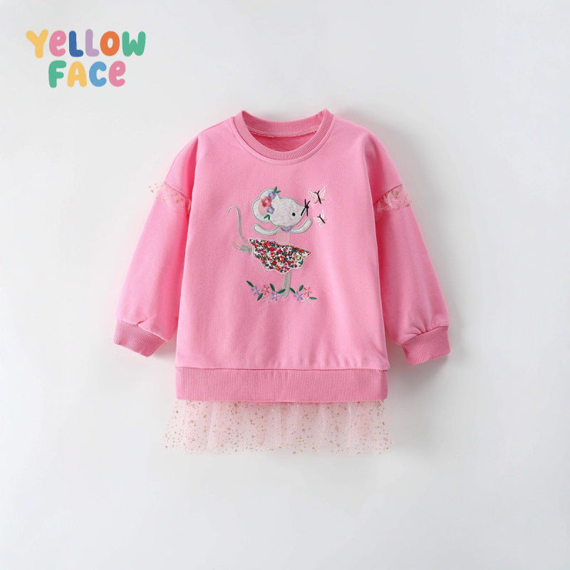 Cute Girls' Cotton Pullover Sweatshirt Featuring Embroidery In Natural Pink