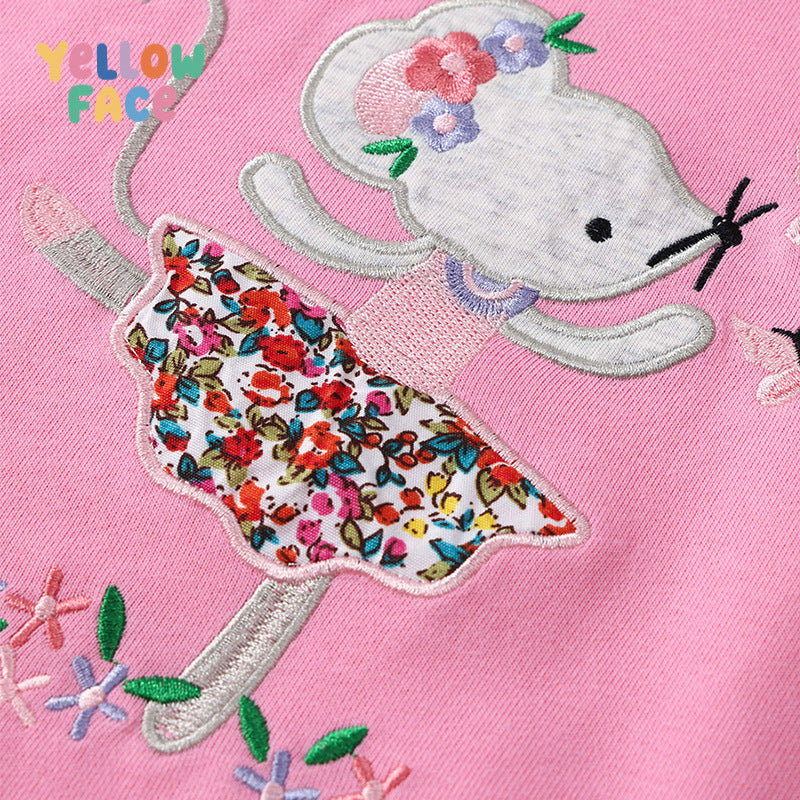 Cute Girls' Cotton Pullover Sweatshirt Featuring Embroidery In Natural Pink