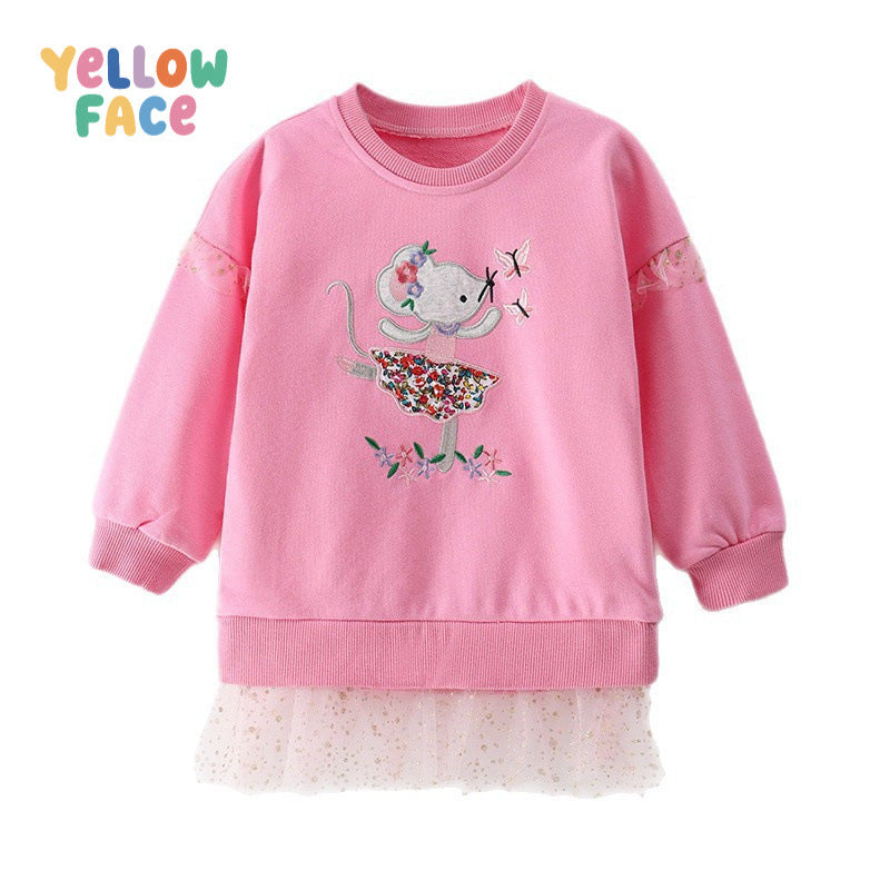 Cute Girls' Cotton Pullover Sweatshirt Featuring Embroidery In Natural Pink