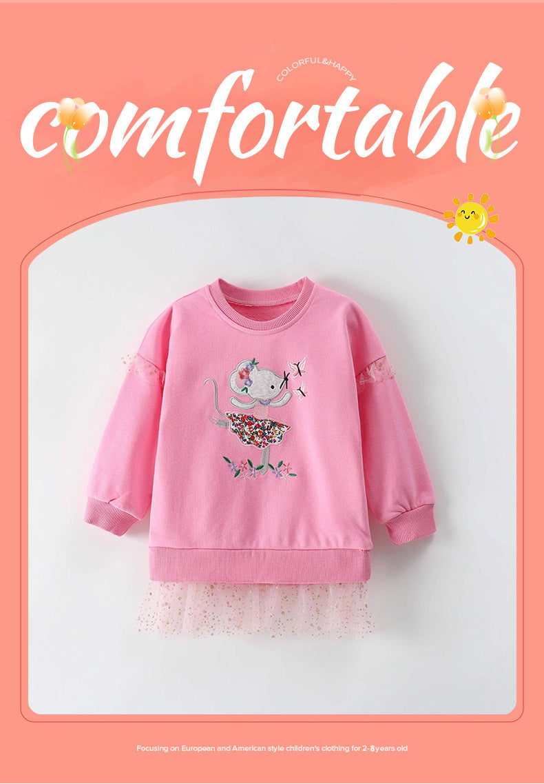 Cute Girls' Cotton Pullover Sweatshirt Featuring Embroidery In Natural Pink