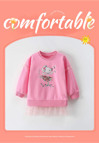 Cute Girls' Cotton Pullover Sweatshirt Featuring Embroidery In Natural Pink