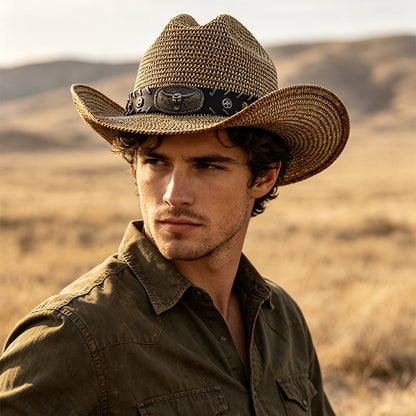 Men's Cowboy Style Solid Color Straw Hat With Wide Brim, UV Protection Featuring Braid Craftsmanship