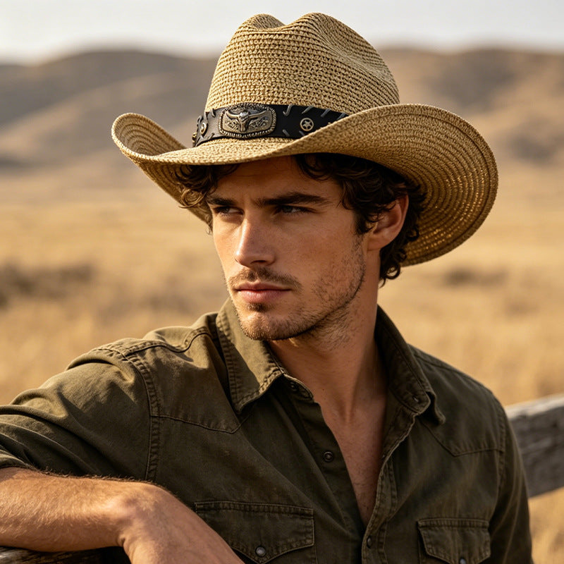 Men's Cowboy Style Solid Color Straw Hat With Wide Brim, UV Protection Featuring Braid Craftsmanship